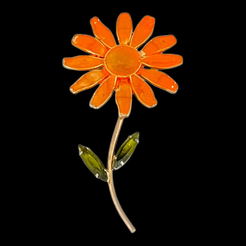 Vintage 1960s Enamel Flower Brooch Orange Green Gold Tone - 3A